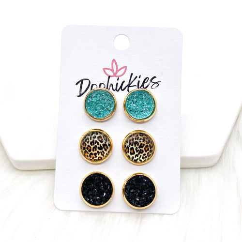 12mm Light Teal Sparkles/Golden Leopard/Black in Gold Settings -Earrings