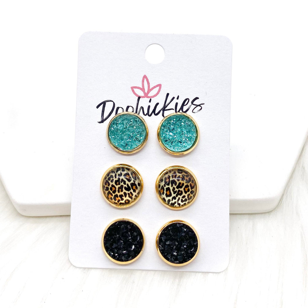 12mm Light Teal Sparkles/Golden Leopard/Black in Gold Settings -Earrings