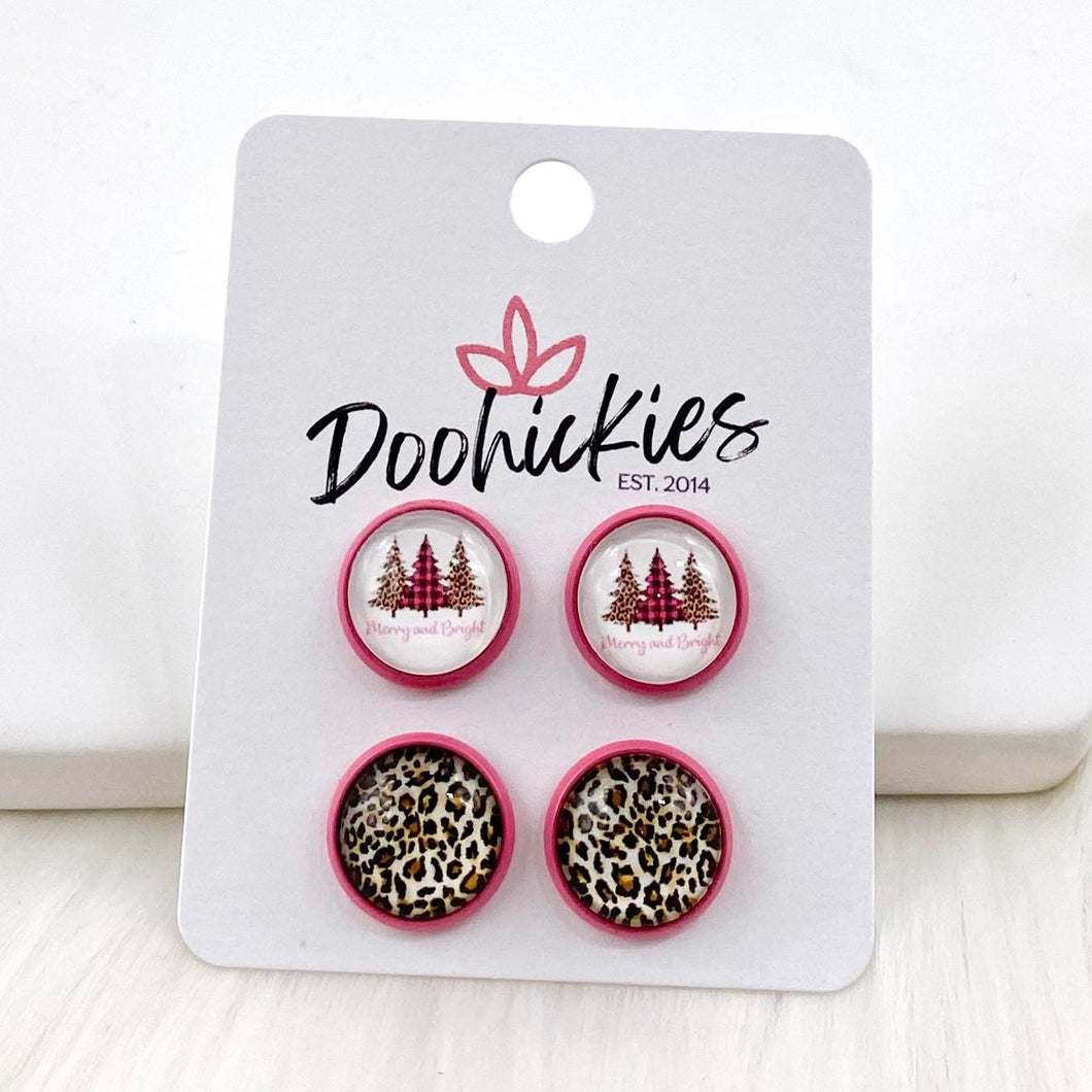 12mm Merry & Bright Trees & Tan Leopard in Pink Settings -Christmas Studs