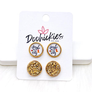 12mm Jingle All the Way & Gold in Gold Settings -Christmas Studs