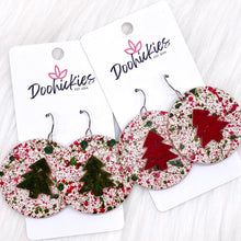 Load image into Gallery viewer, 1.5&quot; 3-D Trees on Paint Splatter -Christmas Earrings