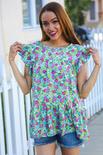 Load image into Gallery viewer, All For You Mint Floral Yoke Flutter Sleeve Keyhole Back Top
