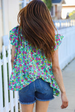 Load image into Gallery viewer, All For You Mint Floral Yoke Flutter Sleeve Keyhole Back Top