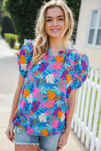 Load image into Gallery viewer, All For You Aqua Tropical Print Frill Notch Neck Puff Sleeve Top