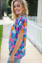 Load image into Gallery viewer, All For You Aqua Tropical Print Frill Notch Neck Puff Sleeve Top