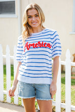 Load image into Gallery viewer, America Proud Blue Striped Embroidered Puff Sleeve Top