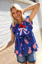 Load image into Gallery viewer, American Flag Blue &amp; Red Stars &amp; Bow Print Woven Top