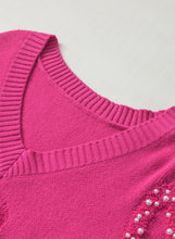 Load image into Gallery viewer, Rose Red Pearl Embellished Fuzzy Hearts V Neck Sweater