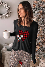 Load image into Gallery viewer, Plaid Heart Long Sleeve Pullover and Leopard Pants Lounge Set