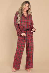 Fiery Red Tartan Plaid Print Long Sleeve Shirt and Pants Pajama Set
