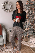 Load image into Gallery viewer, Plaid Heart Long Sleeve Pullover and Leopard Pants Lounge Set