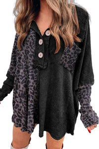 Leopard Patchwork Waffle Knit Buttoned Blouse