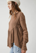 Load image into Gallery viewer, Brown Solid Color Ribbed Long Sleeve Peplum Blouse