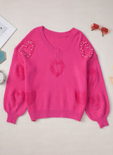 Load image into Gallery viewer, Rose Red Pearl Embellished Fuzzy Hearts V Neck Sweater