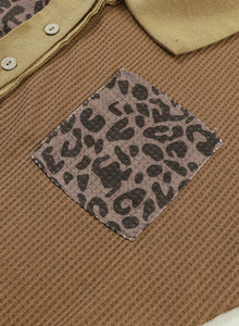 Leopard Patchwork Waffle Knit Buttoned Blouse