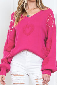 Rose Red Pearl Embellished Fuzzy Hearts V Neck Sweater