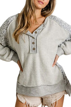 Load image into Gallery viewer, Gray Leopard Patchwork Exposed Seam Buttoned Neck Sweatshirt