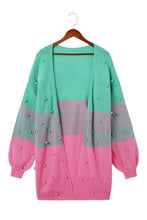 Load image into Gallery viewer, Brown Pompom Color Block Open Front Cardigan