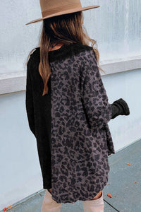 Leopard Patchwork Waffle Knit Buttoned Blouse