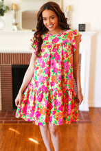 Load image into Gallery viewer, Be Charming Lime &amp; Pink Floral Print Tiered Ruffle Sleeve Dress