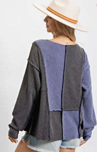 Color Block Ribbed Knit Top - Blue/Grey