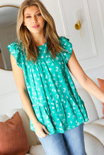 Load image into Gallery viewer, Mint Floral Yoke Flutter Sleeve Keyhole Back Top