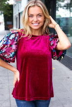 Load image into Gallery viewer, Diva Dreams Wine Floral Sequin Puff Sleeve Velvet Top
