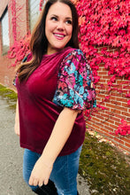 Load image into Gallery viewer, Diva Dreams Wine Floral Sequin Puff Sleeve Velvet Top