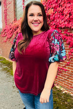 Load image into Gallery viewer, Diva Dreams Wine Floral Sequin Puff Sleeve Velvet Top