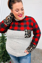 Load image into Gallery viewer, All Of Me Grey &amp; Red Plaid Animal Print Pocketed Top