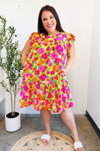 Load image into Gallery viewer, Be Charming Lime &amp; Pink Floral Print Tiered Ruffle Sleeve Dress