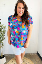 Load image into Gallery viewer, All For You Aqua Tropical Print Frill Notch Neck Puff Sleeve Top