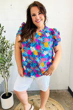 Load image into Gallery viewer, All For You Aqua Tropical Print Frill Notch Neck Puff Sleeve Top