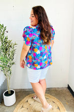 Load image into Gallery viewer, All For You Aqua Tropical Print Frill Notch Neck Puff Sleeve Top