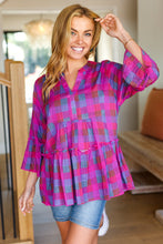 Load image into Gallery viewer, Back To Basics Fuchsia Plaid Notched Neck Babydoll Top