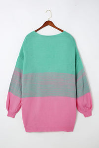 Brown Pompom Color Block Open Front Cardigan