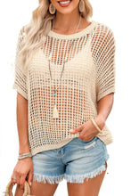 Load image into Gallery viewer, Apricot Fishnet Knit Ribbed Round Neck Short Sleeve Tee