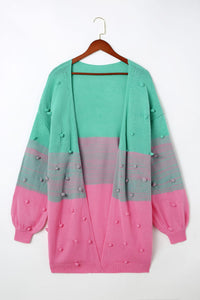 Brown Pompom Color Block Open Front Cardigan