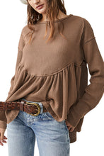 Load image into Gallery viewer, Brown Solid Color Ribbed Long Sleeve Peplum Blouse