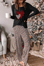 Load image into Gallery viewer, Plaid Heart Long Sleeve Pullover and Leopard Pants Lounge Set