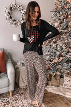 Load image into Gallery viewer, Plaid Heart Long Sleeve Pullover and Leopard Pants Lounge Set