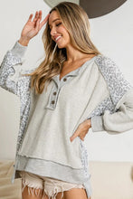 Load image into Gallery viewer, Gray Leopard Patchwork Exposed Seam Buttoned Neck Sweatshirt