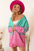 Load image into Gallery viewer, Brown Pompom Color Block Open Front Cardigan