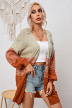 Load image into Gallery viewer, Brown Pompom Color Block Open Front Cardigan