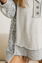 Load image into Gallery viewer, Gray Leopard Patchwork Exposed Seam Buttoned Neck Sweatshirt
