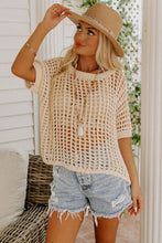 Load image into Gallery viewer, Apricot Fishnet Knit Ribbed Round Neck Short Sleeve Tee