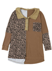 Leopard Patchwork Waffle Knit Buttoned Blouse