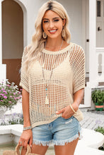 Load image into Gallery viewer, Apricot Fishnet Knit Ribbed Round Neck Short Sleeve Tee