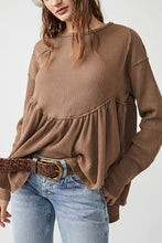 Load image into Gallery viewer, Brown Solid Color Ribbed Long Sleeve Peplum Blouse
