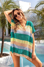 Load image into Gallery viewer, Openwork Striped V-Neck Short Sleeve Cover Up